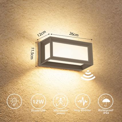 Brilagi - LED vonkajšie nástenné svietidlo so senzorom PARKER LED/12W/230V sivé IP44