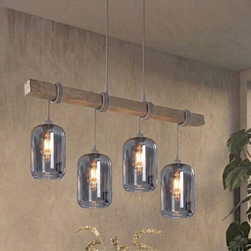 Brilagi - Závesný luster na lane WOOD GLASS 4xE27/60W/230V borovica/sivá/dymovošedá