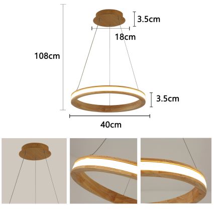 Brilagi - závesný LED luster na lanku UMEA WOOD, 30 W, 230 V, priemer 40 cm, drevený