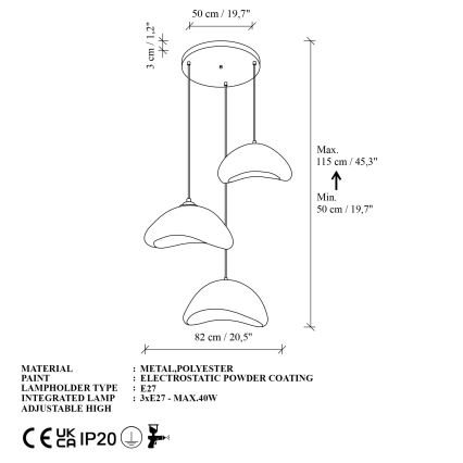 Brilagi - Závesný luster LUNA na lanku 3xE27/40W/230V pr. 82 cm biely