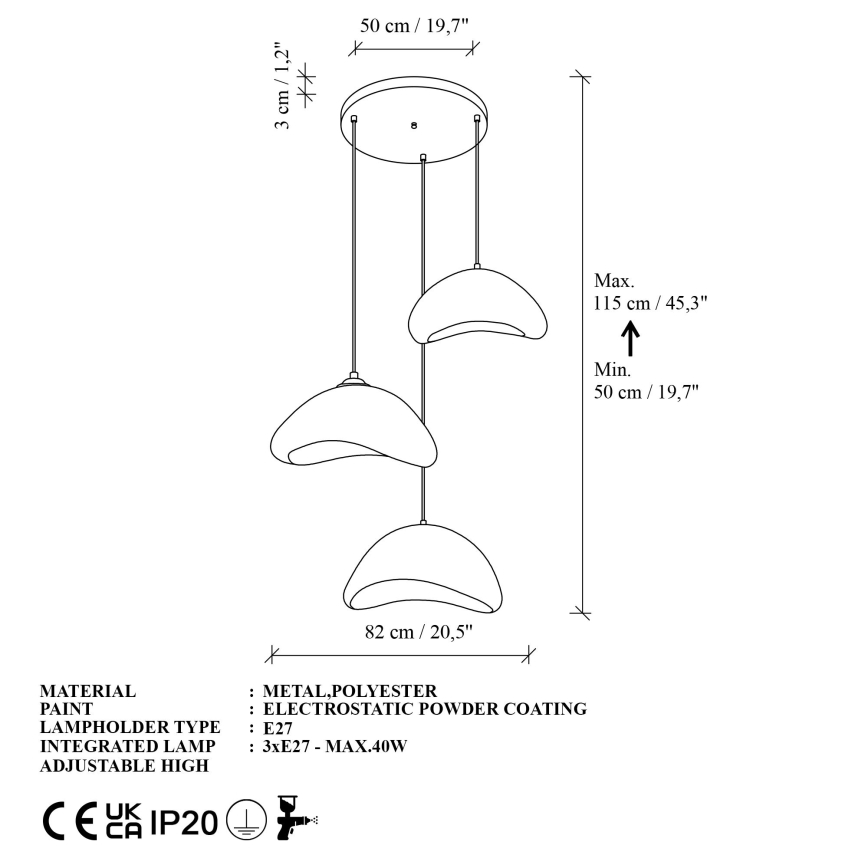 Brilagi - Závesný luster LUNA na lanku 3xE27/40W/230V pr. 82 cm biely