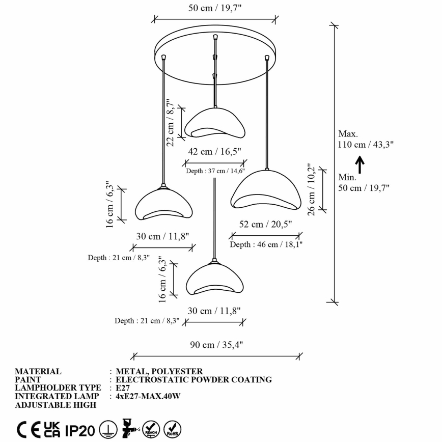 Brilagi - Závesný luster LUNA na lanku 4xE27/40W/230V pr. 90 cm, biely