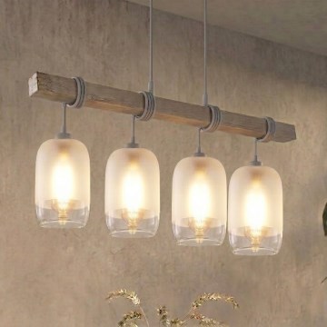 Brilagi - Závesný luster na lane WOOD GLASS 4xE27/60W/230V borovica/šedá/biela