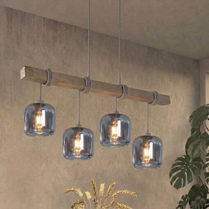 Brilagi - Závesný luster na lanku WOOD GLASS 4xE27/60W/230V borovica/šedá/dymová šedá