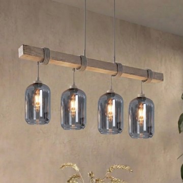 Brilagi - Závesný luster na lane WOOD GLASS 4xE27/60W/230V borovica/sivá/dymovošedá
