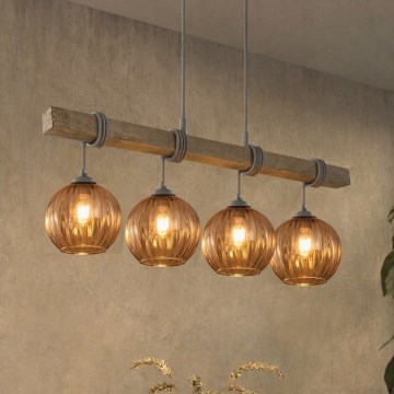 Brilagi - Závesný luster na lankách WOOD GLASS 4xE27/60W/230V borovica/šedá/dymová hnedá