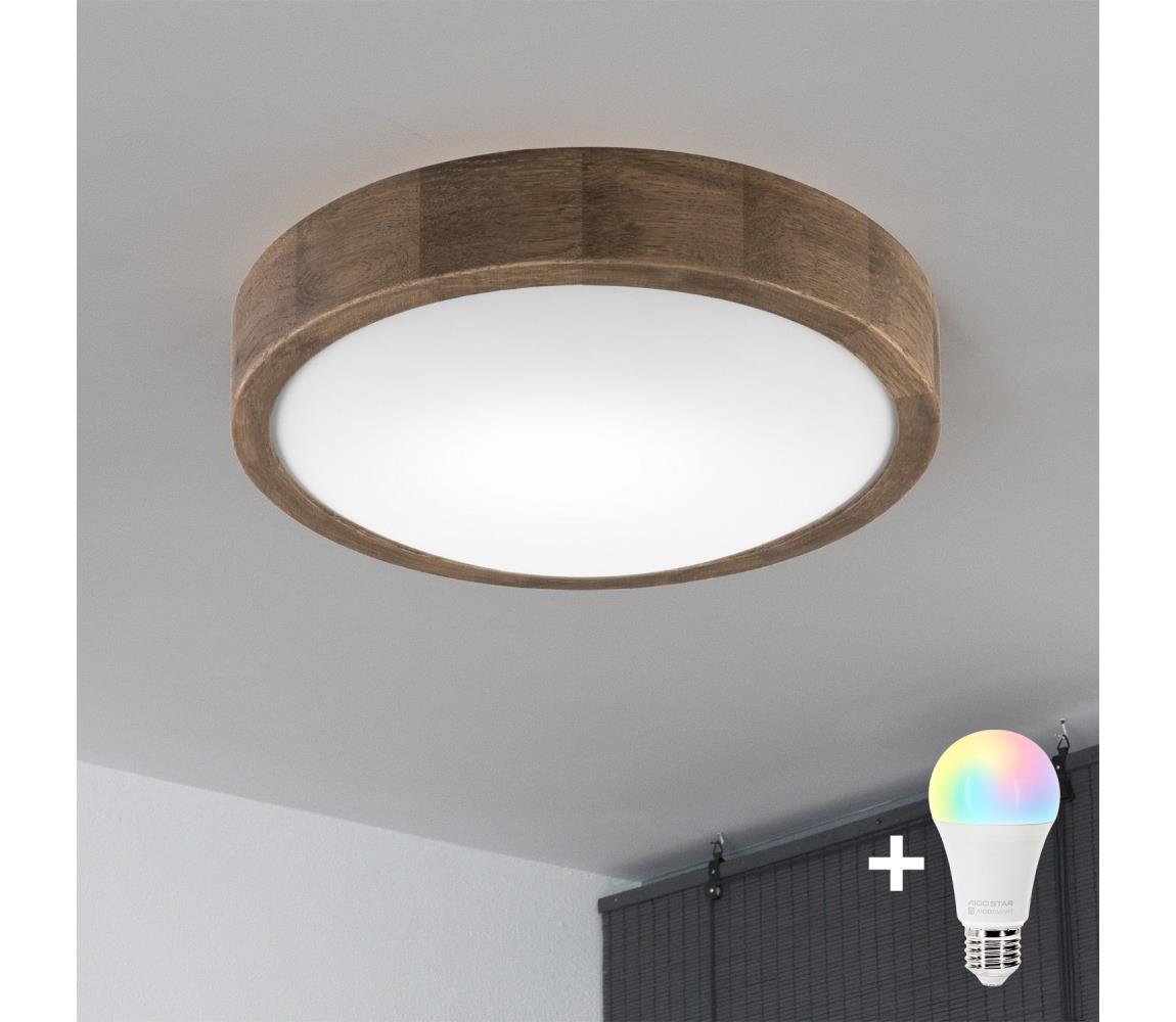 Brilagi – LED RGBW stmievateľné stropné svietidlo CARVALHO SLIM 1×E27/9W/230V Wi‑Fi v dekore dub, priemer 27 cm BG0854+AI0819