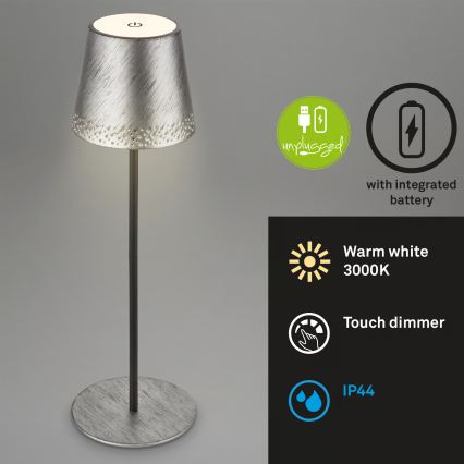 Brilo - LED stmievateľná nabíjateľná dotyková vonkajšia stolová lampa KIKI LED/2,6W/5V IP44 2600 mAh strieborná