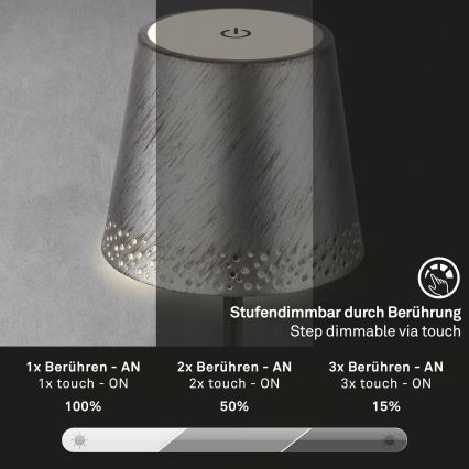 Brilo - LED stmievateľná nabíjateľná dotyková vonkajšia stolová lampa KIKI LED/2,6W/5V IP44 2600 mAh strieborná