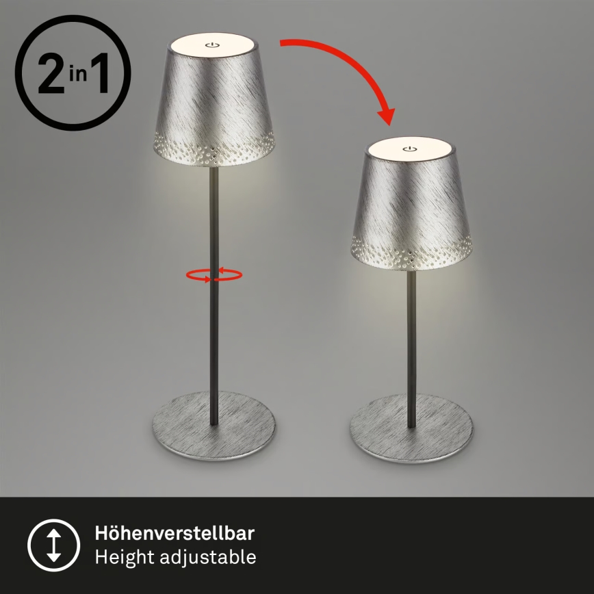 Brilo - LED stmievateľná nabíjateľná dotyková vonkajšia stolová lampa KIKI LED/2,6W/5V IP44 2600 mAh strieborná