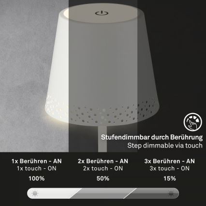 Brilo - LED stmievateľná nabíjateľná dotyková vonkajšia stolová lampa KIKI LED/2,6W/5V IP44 2600 mAh biela