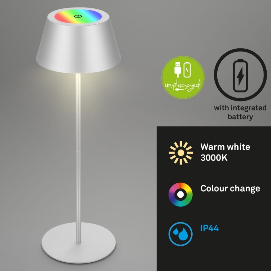 Brilo - LED RGB Stmievateľná nabíjateľná dotyková vonkajšia stolová lampa KIKI LED/2,6W/5V IP44 2600 mAh strieborná