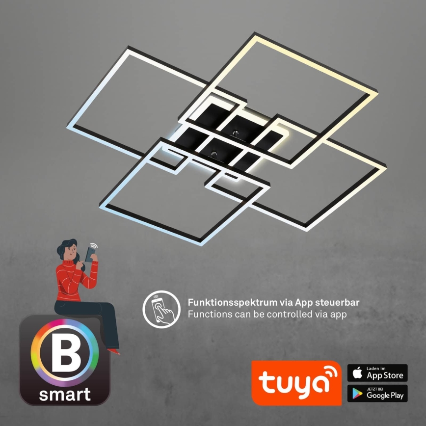 Brilo - LED Stmievateľné stropné svietidlo FRAME LED/50W/230V 2700-6500K 72,4x72,4cm čierna Wi-Fi Tuya + diaľkové ovládanie