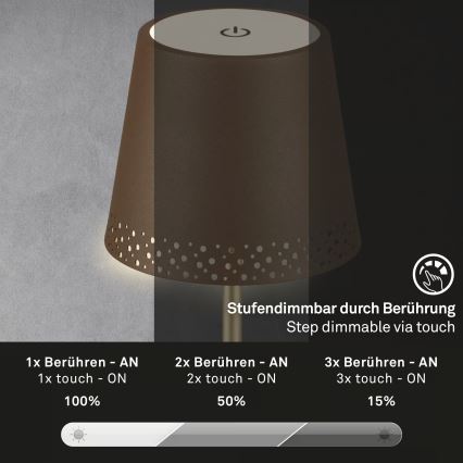Brilo - stmievateľná nabíjateľná dotyková vonkajšia stolová lampa KIKI LED/2,6W/5V IP44 2600 mAh hnedá