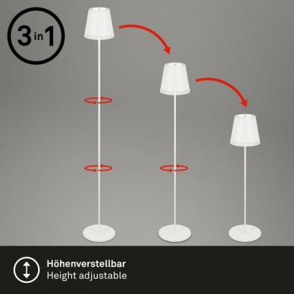 Briloner 1438016 - LED Stmievateľná dotyková stojacia lampa 3v1 LED/3,5W/5V IP44 3000K 38-130 cm biela