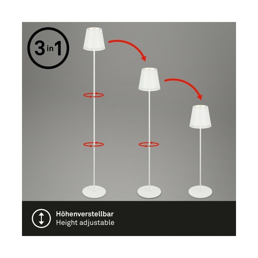 Briloner 1438016 - LED Stmievateľná dotyková stojacia lampa 3v1 LED/3,5W/5V IP44 3000K 38-130 cm biela