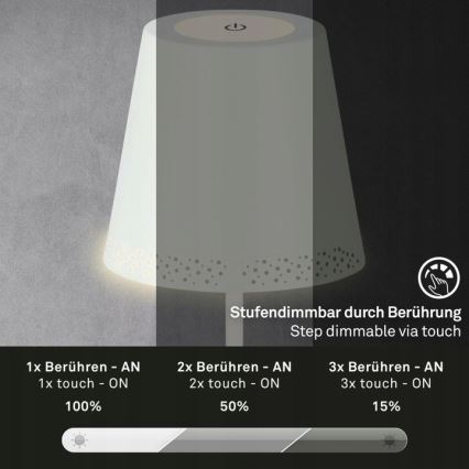 Briloner 1438016 - LED Stmievateľná dotyková stojacia lampa 3v1 LED/3,5W/5V IP44 3000K 38-130 cm biela