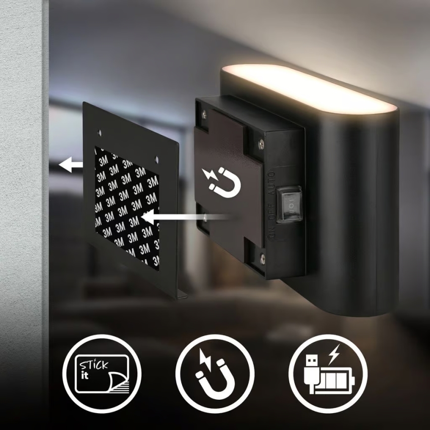 Briloner 3878015 - LED nabíjacie nástenné svietidlo s pohybovým a súmrakovým senzorom CHAT LED/3W/5V 2000 mAh čierna