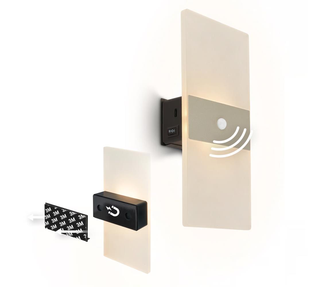 Briloner 3888012 - Nabíjateľné nástenné LED svietidlo AURA so senzorom, 2,5 W / 5 V, 1800 mAh, matné 3888012