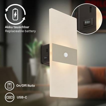 Briloner 3888012 - LED nabíjateľné nástenné svietidlo s pohybovým a súmrakovým senzorom AURA LED/2,5W/5V 1800 mAh matný chróm