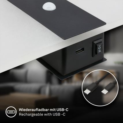 Briloner 3888015 - LED nabíjacie nástenné svietidlo s pohybovým a súmrakovým senzorom AURA LED/2,5W/5V 1800 mAh čierne