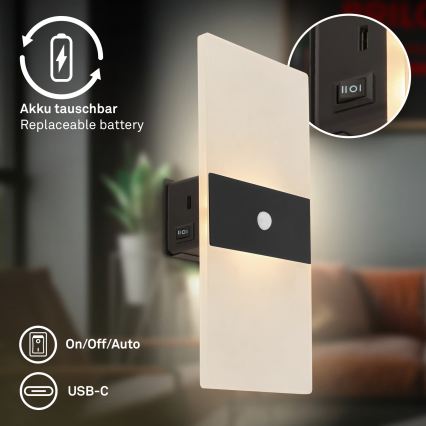 Briloner 3888015 - LED nabíjacie nástenné svietidlo s pohybovým a súmrakovým senzorom AURA LED/2,5W/5V 1800 mAh čierne