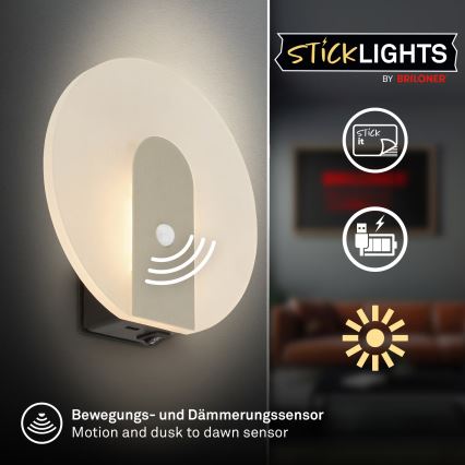 Briloner 3889012 - LED nabíjateľné nástenné svietidlo s pohybovým a súmrakovým senzorom TARO LED/2,5W/5V 1800 mAh matný chróm