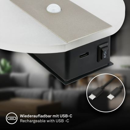 Briloner 3889012 - LED nabíjateľné nástenné svietidlo s pohybovým a súmrakovým senzorom TARO LED/2,5W/5V 1800 mAh matný chróm