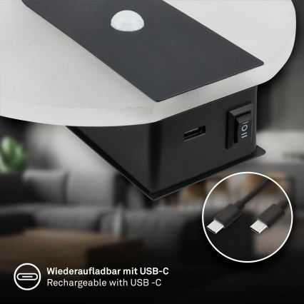 Briloner 3889015 - Nabíjateľné LED nástenné svietidlo s pohybovým a súmrakovým senzorom TARO LED/2,5W/5V 1800 mAh čierne