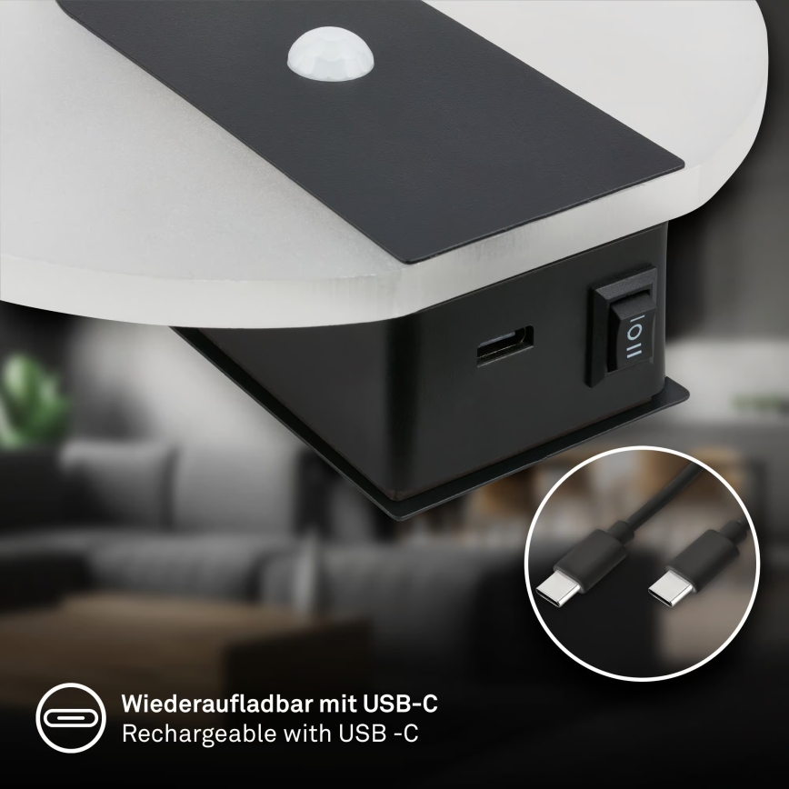 Briloner 3889015 - Nabíjateľné LED nástenné svietidlo s pohybovým a súmrakovým senzorom TARO LED/2,5W/5V 1800 mAh čierne