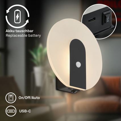 Briloner 3889015 - Nabíjateľné LED nástenné svietidlo s pohybovým a súmrakovým senzorom TARO LED/2,5W/5V 1800 mAh čierne