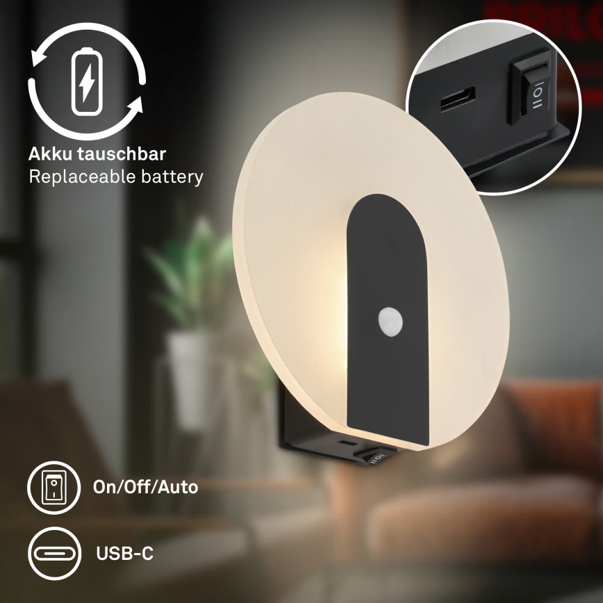 Briloner 3889015 - Nabíjateľné LED nástenné svietidlo s pohybovým a súmrakovým senzorom TARO LED/2,5W/5V 1800 mAh čierne