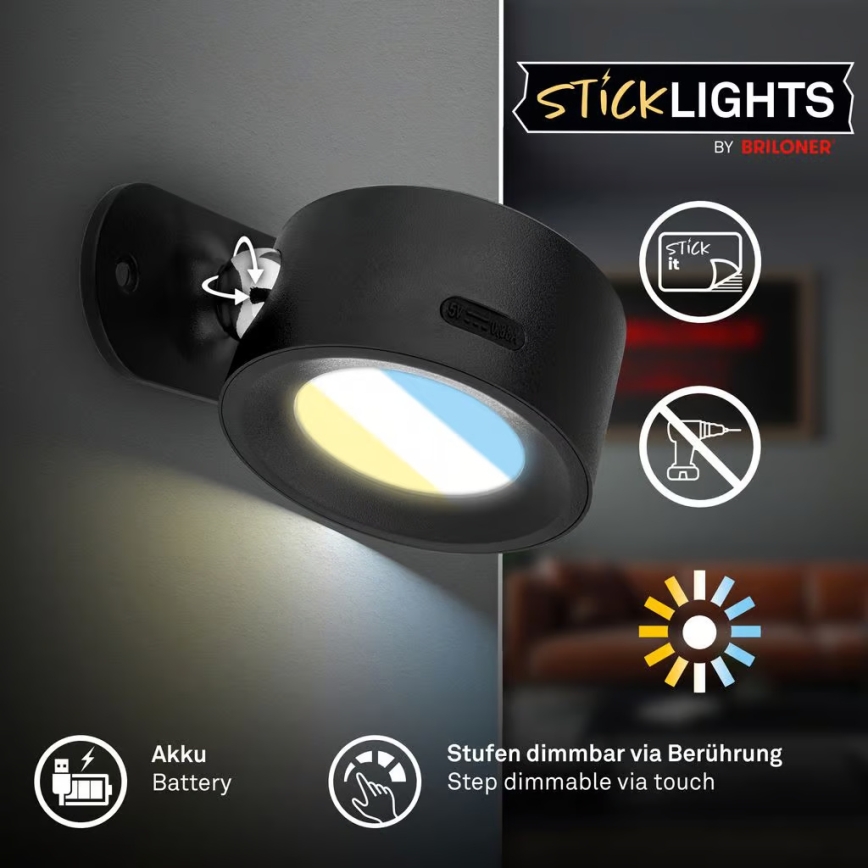 Briloner 3896015 - LED Stmievateľné nabíjacie nástenné svietidlo TARI LED/1,6W/5V 1500 mAh čierna
