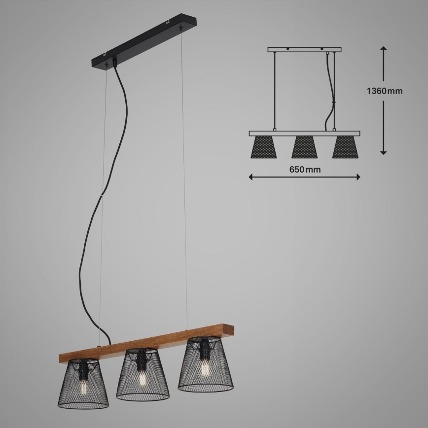 Briloner 4077-035 - Luster na lanku WOOD & STYLE 3xE14/25W/230V kaučukovník