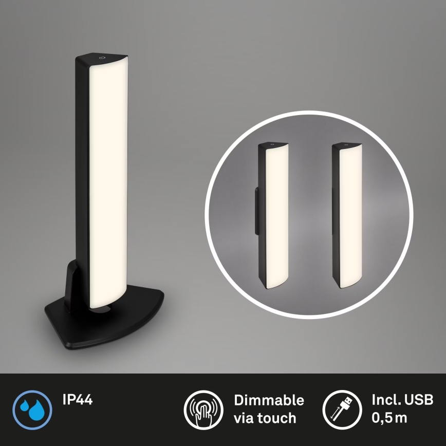 Briloner 7474-015 - LED Stmievateľná dotyková nabíjacia vonkajšia stolná lampa 2v1 LED/7W/5V 2200 mAh USB 3000K IP44 čierna