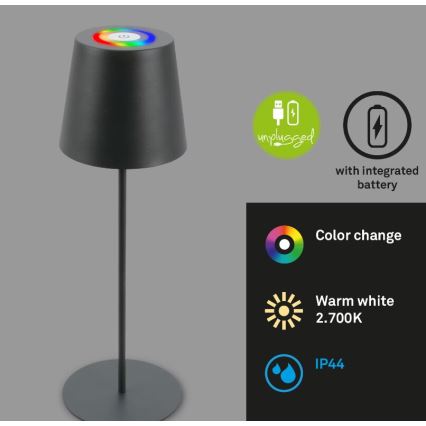 Briloner 7507015 - LED RGB Stmievateľná nabíjacia vonkajší stolná lampa 2v1 LED/2,5W/5V IP44 antracit