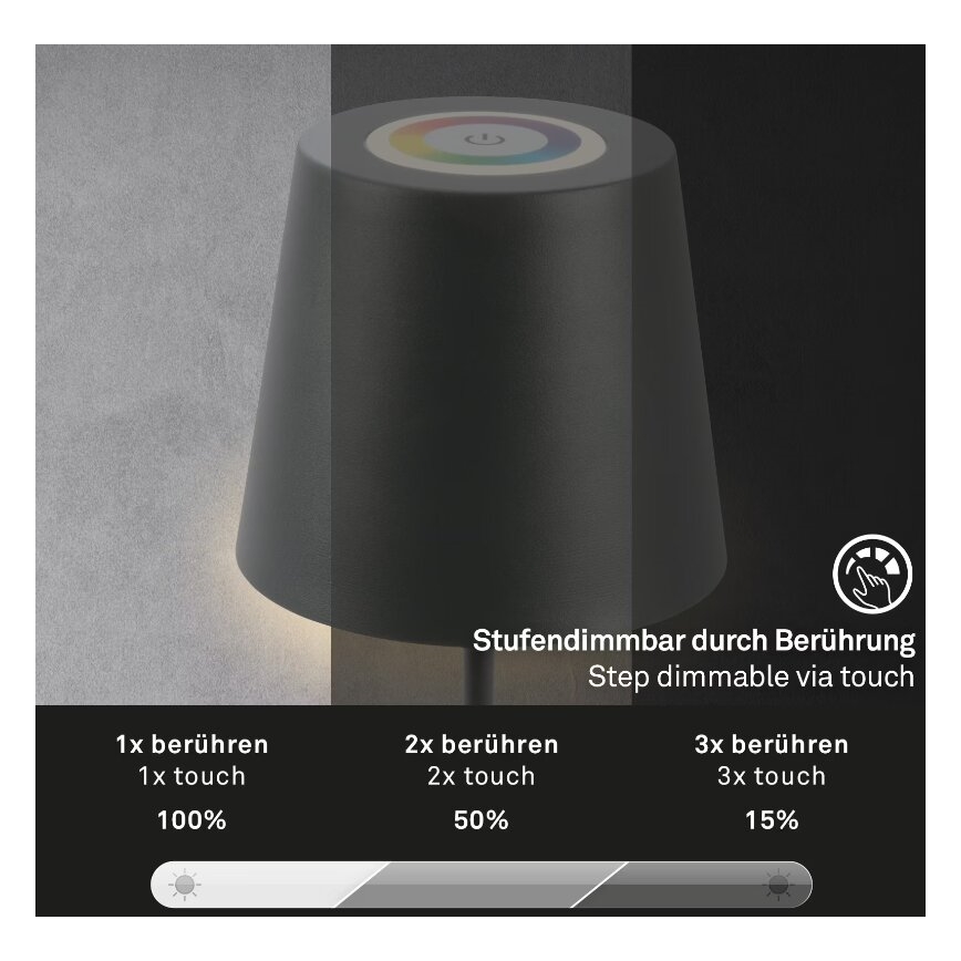 Briloner 7507015 - LED RGB Stmievateľná nabíjacia vonkajší stolná lampa 2v1 LED/2,5W/5V IP44 antracit