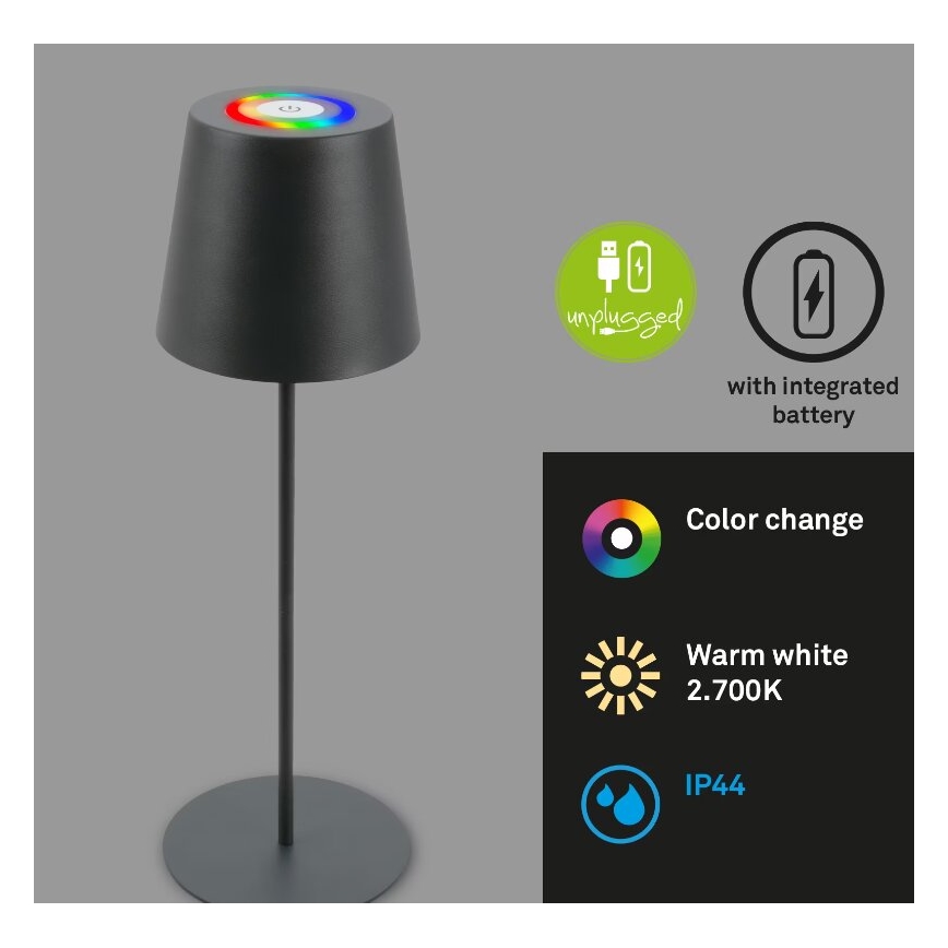 Briloner 7507015 - LED RGB stlmiteľná nabíjateľná vonkajšia stolová lampa 2 v 1 LED/2,5W/5V IP44 1200 mAh antracit