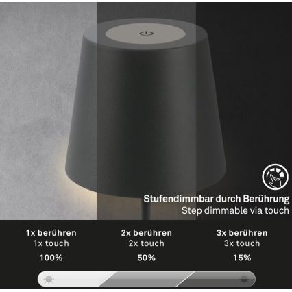 Briloner 7508015 - LED Stmievateľná nabíjacia vonkajší stolná lampa 2v1 LED/2,5W/5V IP44 čierna