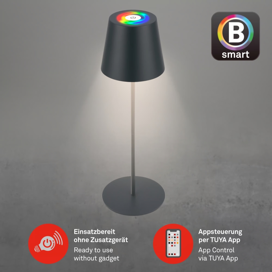 Briloner 7559015 - LED RGB stmievateľná nabíjateľná vonkajšia stolová lampa COLORIS LED/3,5W/5V IP44 2000 mAh antracit Wi-Fi Tuya