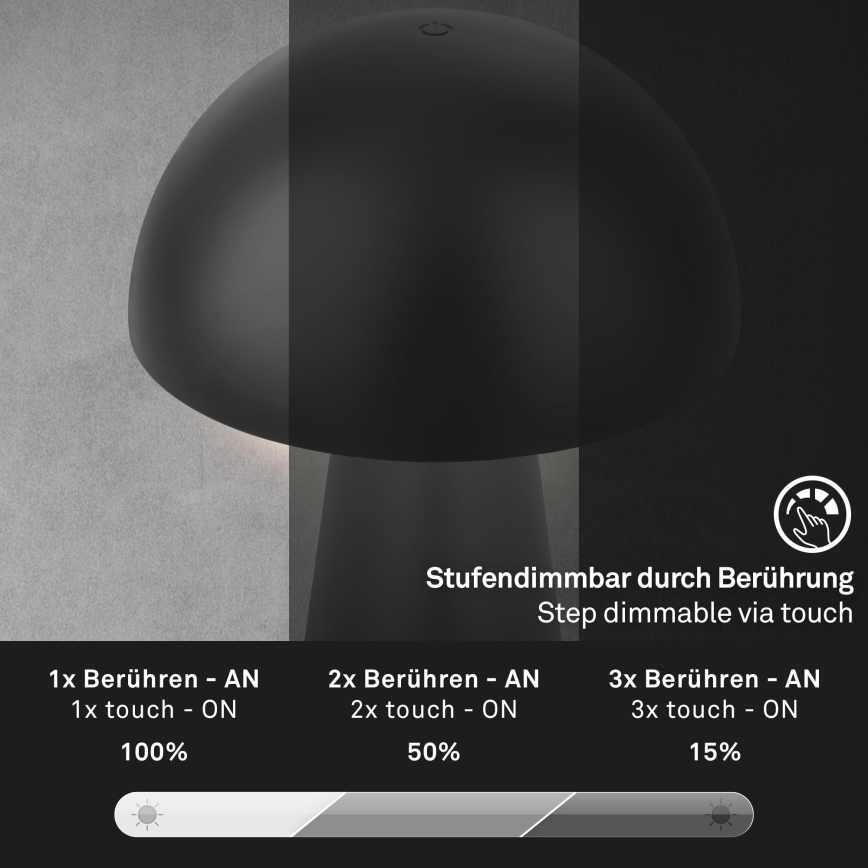 Briloner - LED Stmievateľná nabíjateľná dotyková vonkajšia stolová lampa LED/2,6W/5V 3000K IP44 2000 mAh čierna