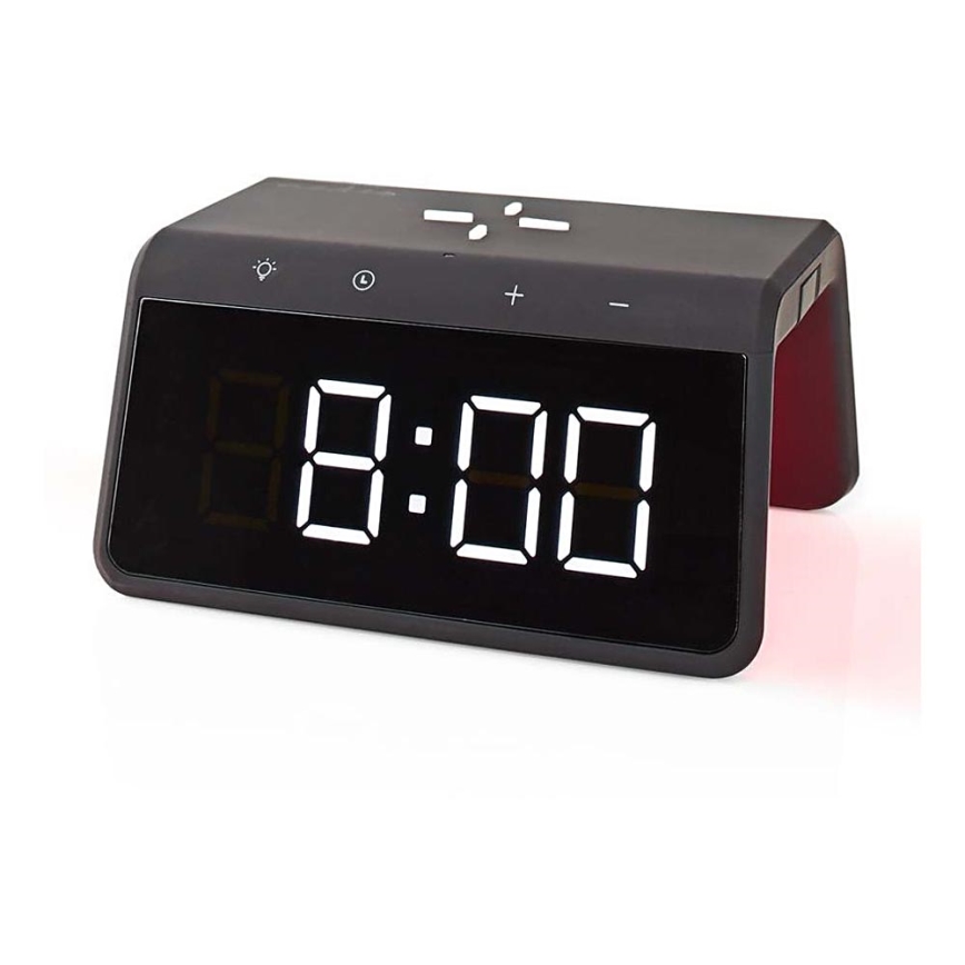 Budík s LCD displejom a bezdrôtovou nabíjačkou 15W/230V 1x CR2032 čierna