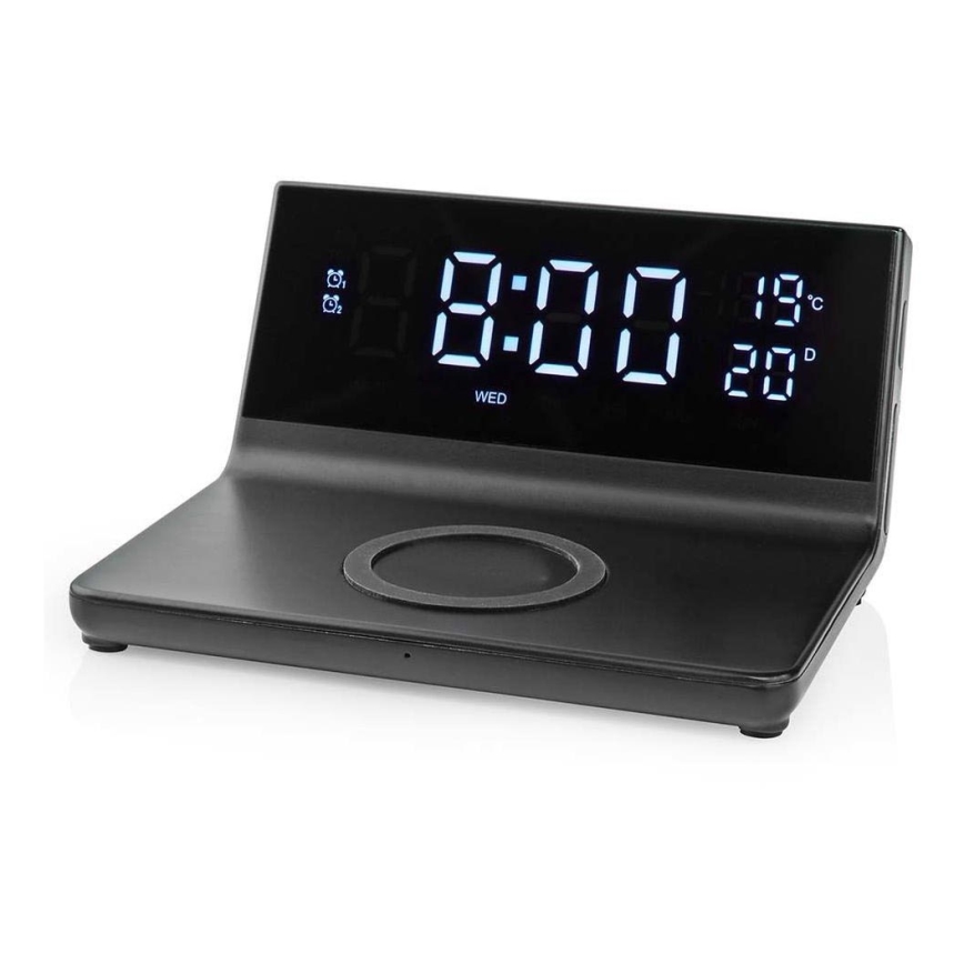 Budík s LCD displejom a bezdrôtovou nabíjačkou 15W/230V + 1xCR2032 čierna