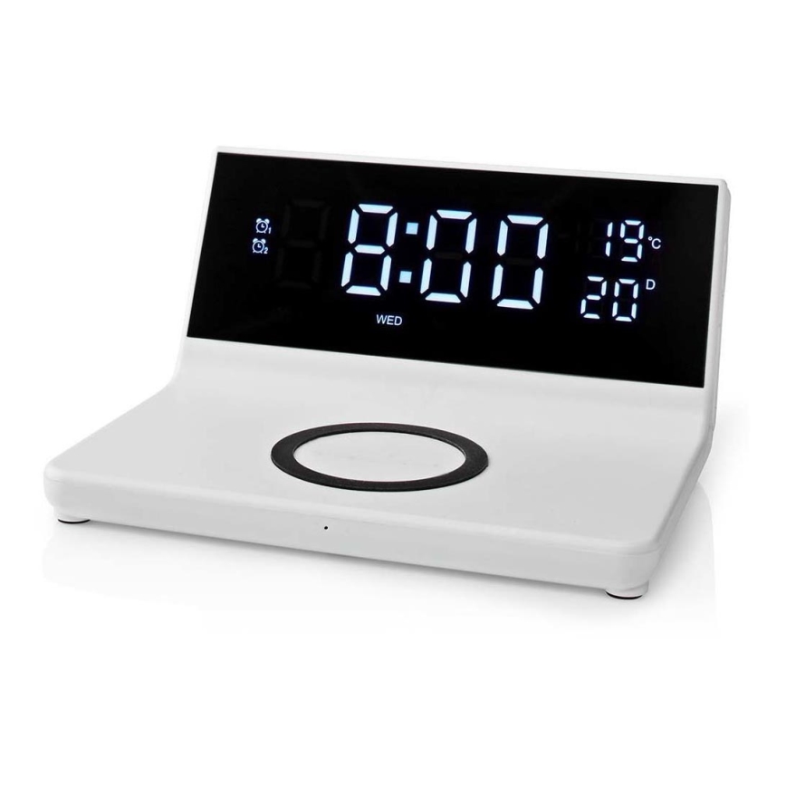 Budík s LCD displejom a bezdrôtovú nabíjačkou 15W/5V + 1xCR2032 biela