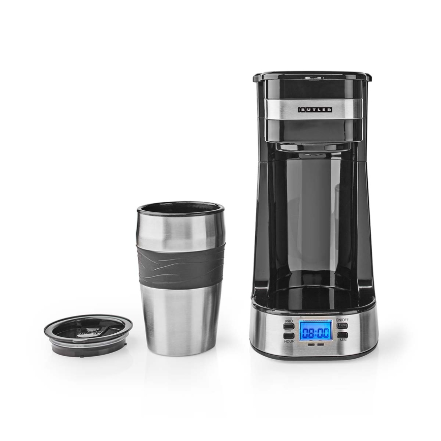 Butler - Kávovar na jednu šálku 0,4 l s časovačom a cestovným hrnčekom 750W/230V nerez/čierna