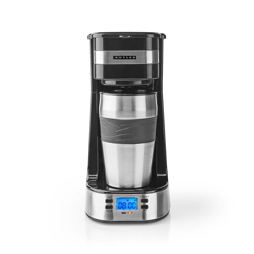 Butler - Kávovar na jednu šálku 0,4 l s časovačom a cestovným hrnčekom 750W/230V nerez/čierna