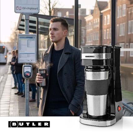 Butler - kávovar na jeden hrnček 0,4 l s cestovným hrnčekom 750 W/230 V nerez/čierna