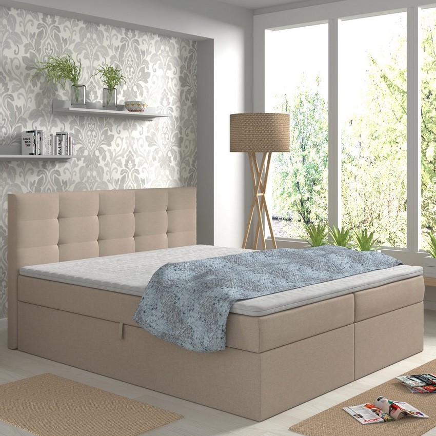 Čalúnená posteľ EMBER 180x200 cm s matracmi, topperom a úložným priestorom, béžová