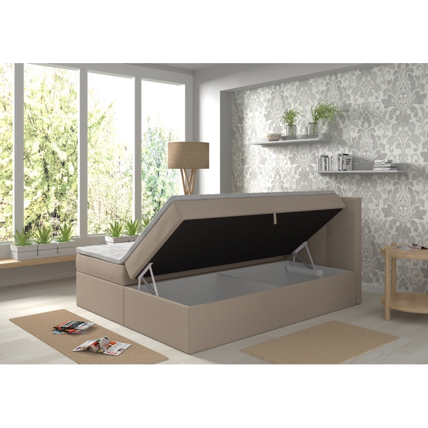 Čalúnená posteľ EMBER 180x200 cm s matracmi, topperom a úložným priestorom, béžová