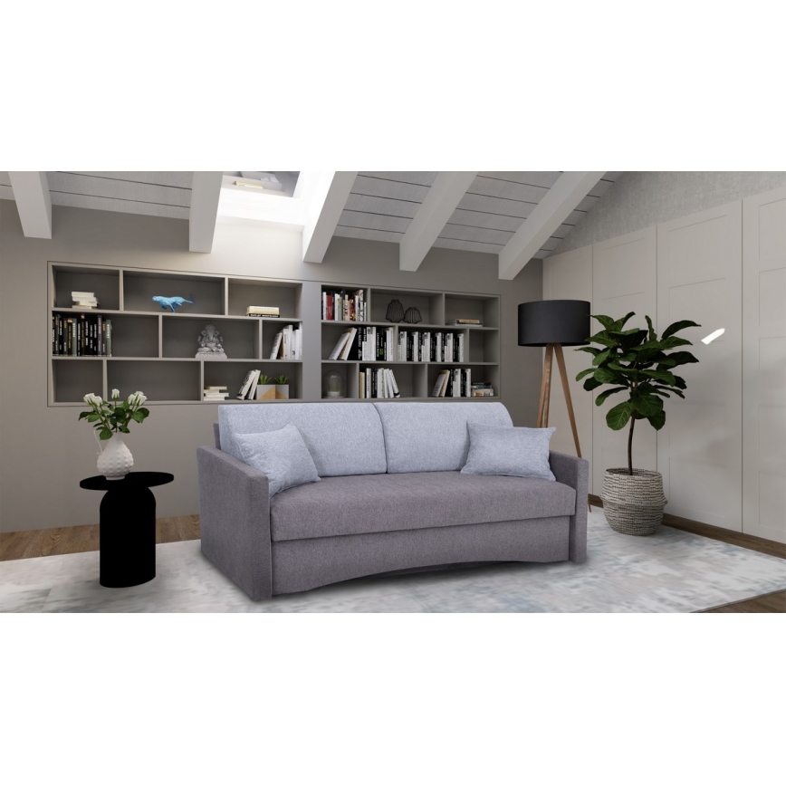 Čalúnená rozkladacia trojmiestna pohovka PAUL na každodenné spanie s podrúčkami, šedá